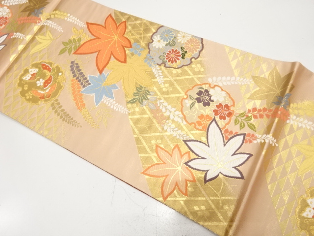 未使用品　楓に雪輪・藤・蝶模様織り出し　振袖用袋帯